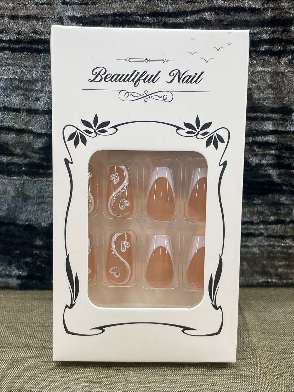 Beautiful Nail Nude French Press-On Nails with Silver Swirl and Hearts Accent